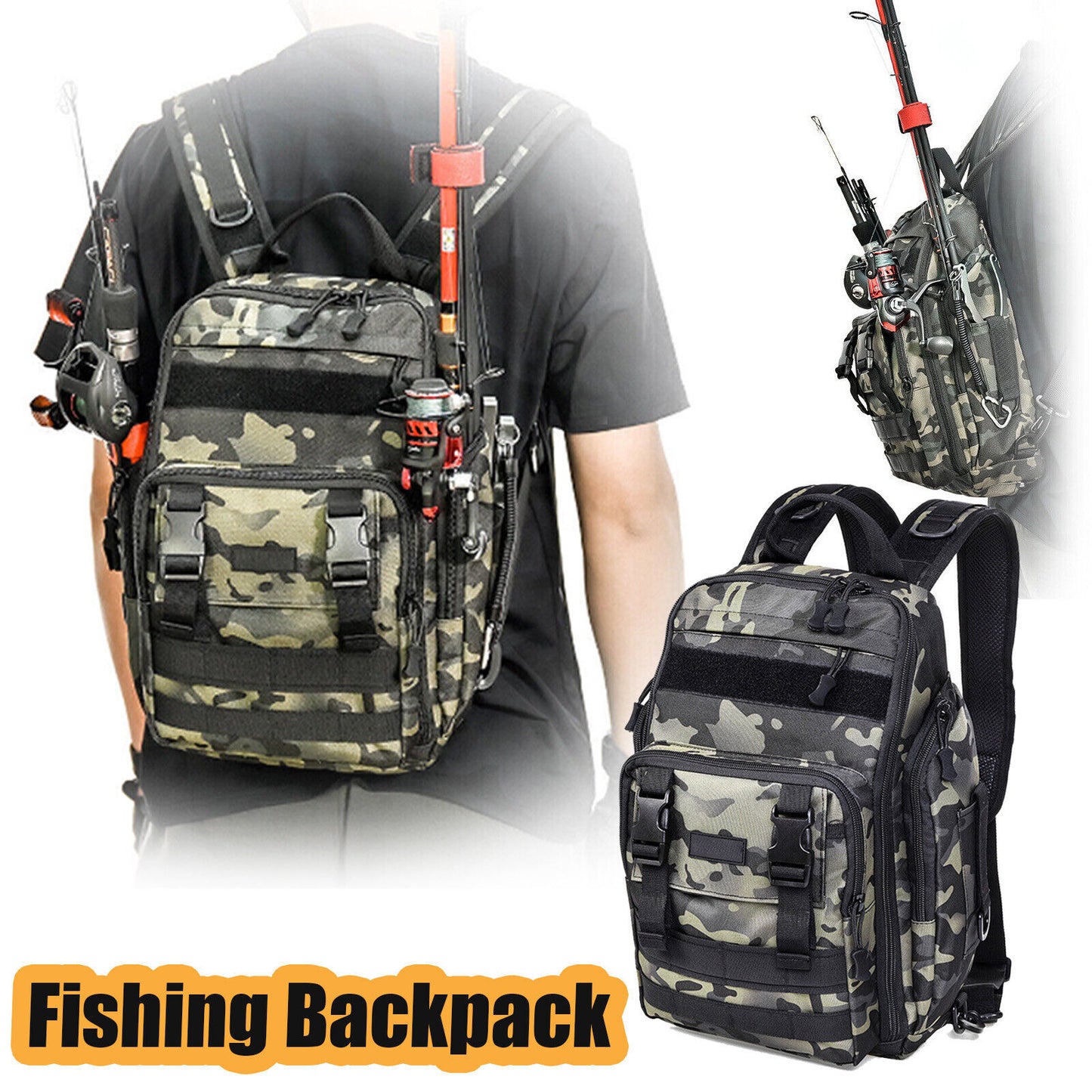 Tackle Backpack with Fishing Rod Holders - Large Storage, Water-Resistant Outdoor Shoulder Bag