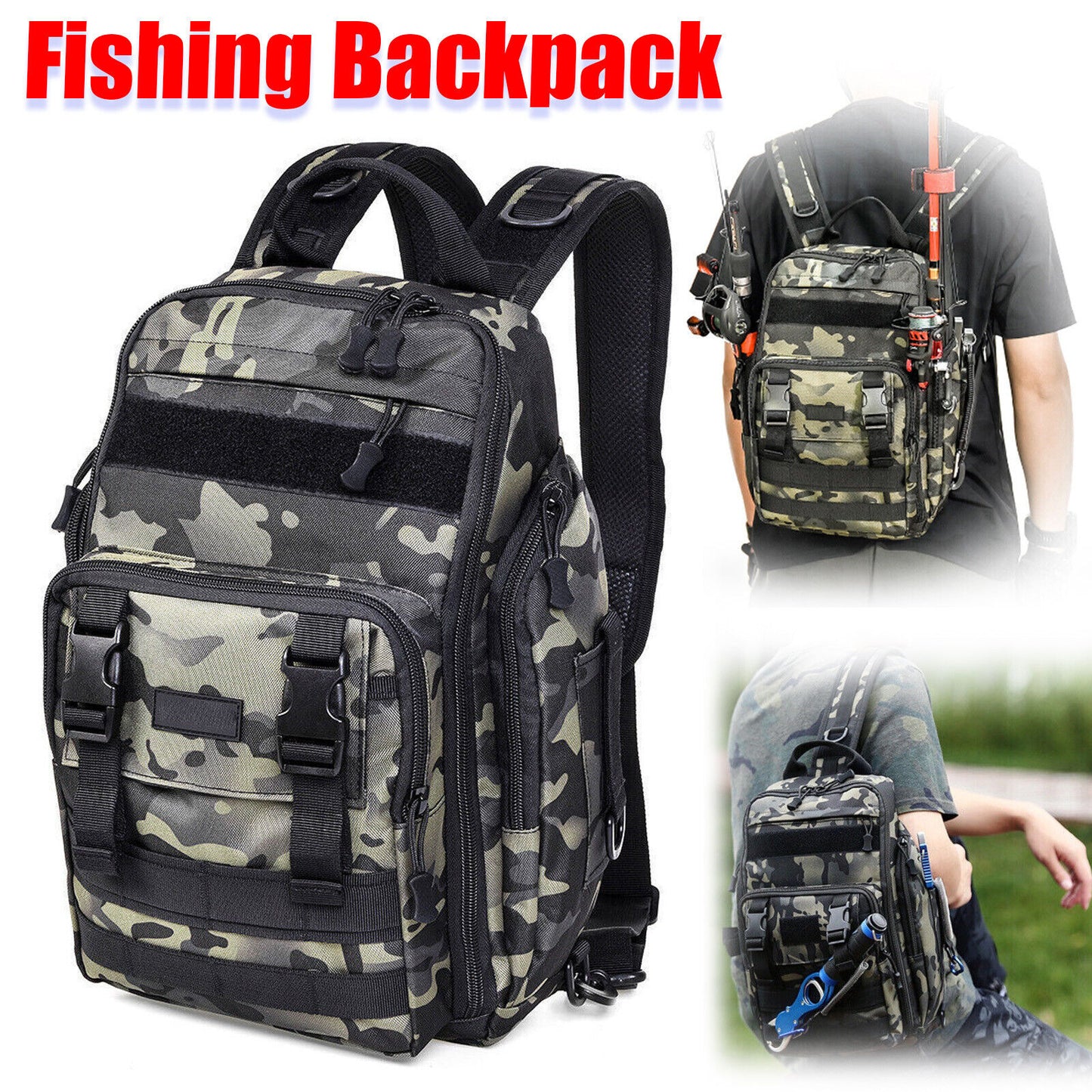 Tackle Backpack with Fishing Rod Holders - Large Storage, Water-Resistant Outdoor Shoulder Bag