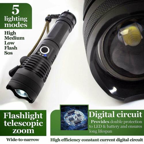 900000LM Tactical LED Flashlight - XHP50, 5 Modes, Zoomable, Ultra Powerful Hunting Torch