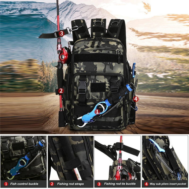 Tackle Backpack with Fishing Rod Holders - Large Storage, Water-Resistant Outdoor Shoulder Bag